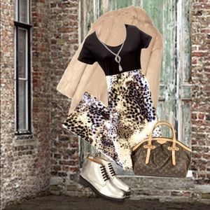 Vintage Black Top with Cream and Brown Leopard Flare Pants